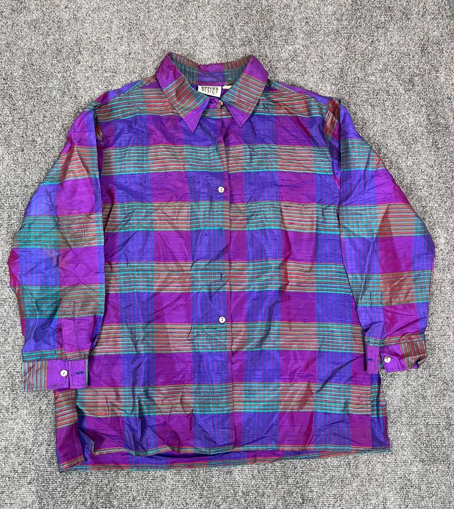 Chicos Design Purple Green Plaid 100 % Silk Button Up Shirt Long Sleeve Size 3