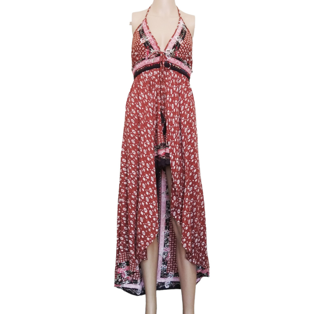 Angie Boho Floral Romper Maxi Dress Overlay Sz L Split Skirt Festival Style