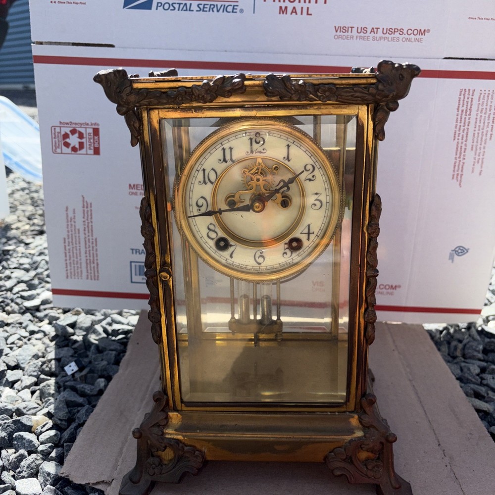 Antique New Haven Crystal Regulator Mantel Clock Brass Glass Working