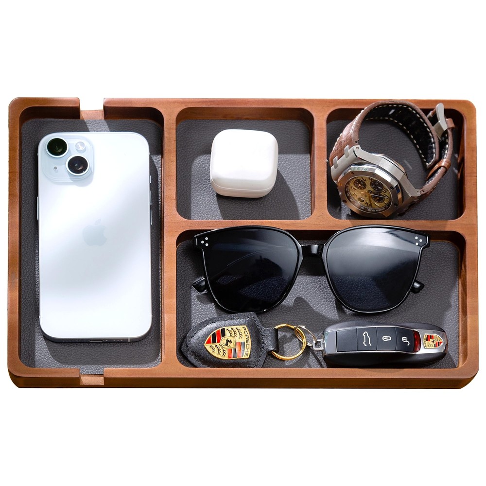 Wooden Valet Tray with Leather Inlay for Nightstand or Desk Organizer - EDC Essentials  