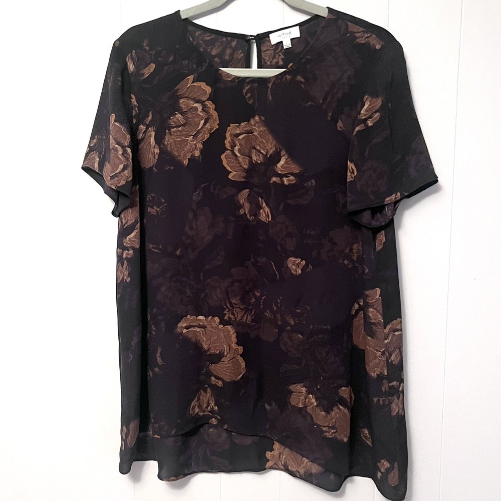 Aritzia Wilfred 100%  Silk Tunic Blouse Size L  Brown Floral Silk Chiffon Top