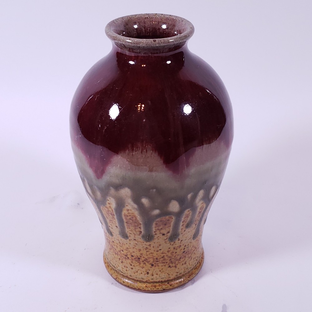 Vintage Signed PAUL RAY Studio Pottery Oxblood Drip Glaze STONEWARE VASE