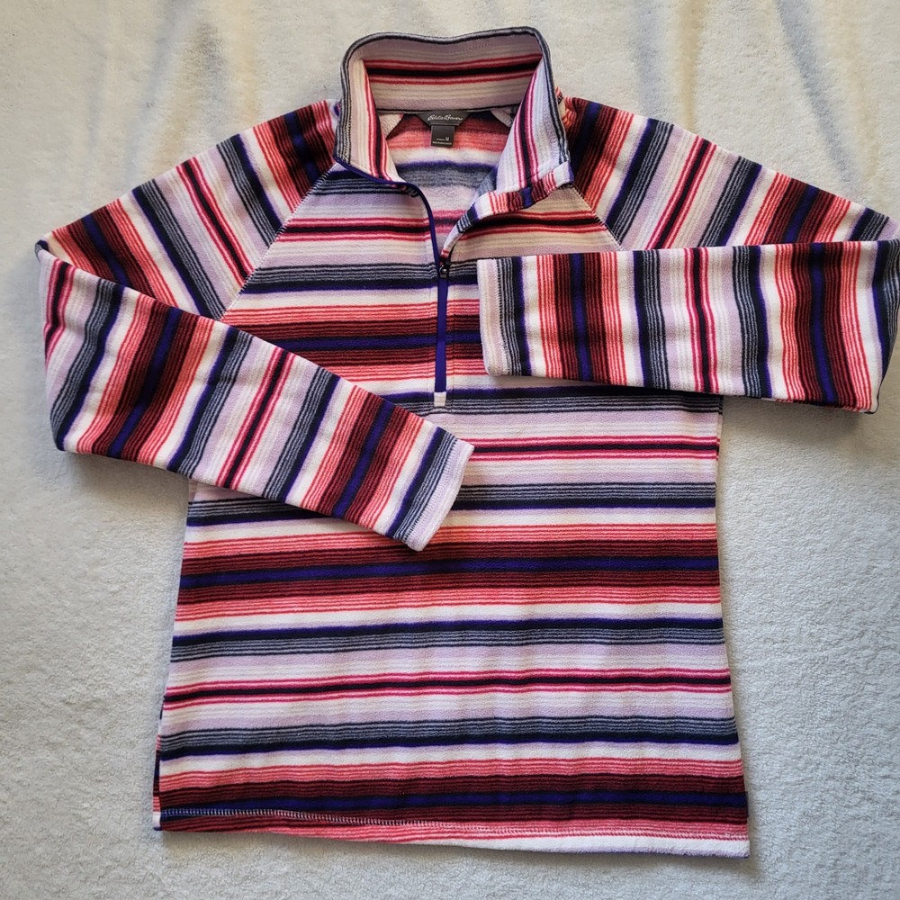 Eddie Bauer Women's M Fleece Pullover  Stripe Blue Red White 1/4 Zip Long Sleeve