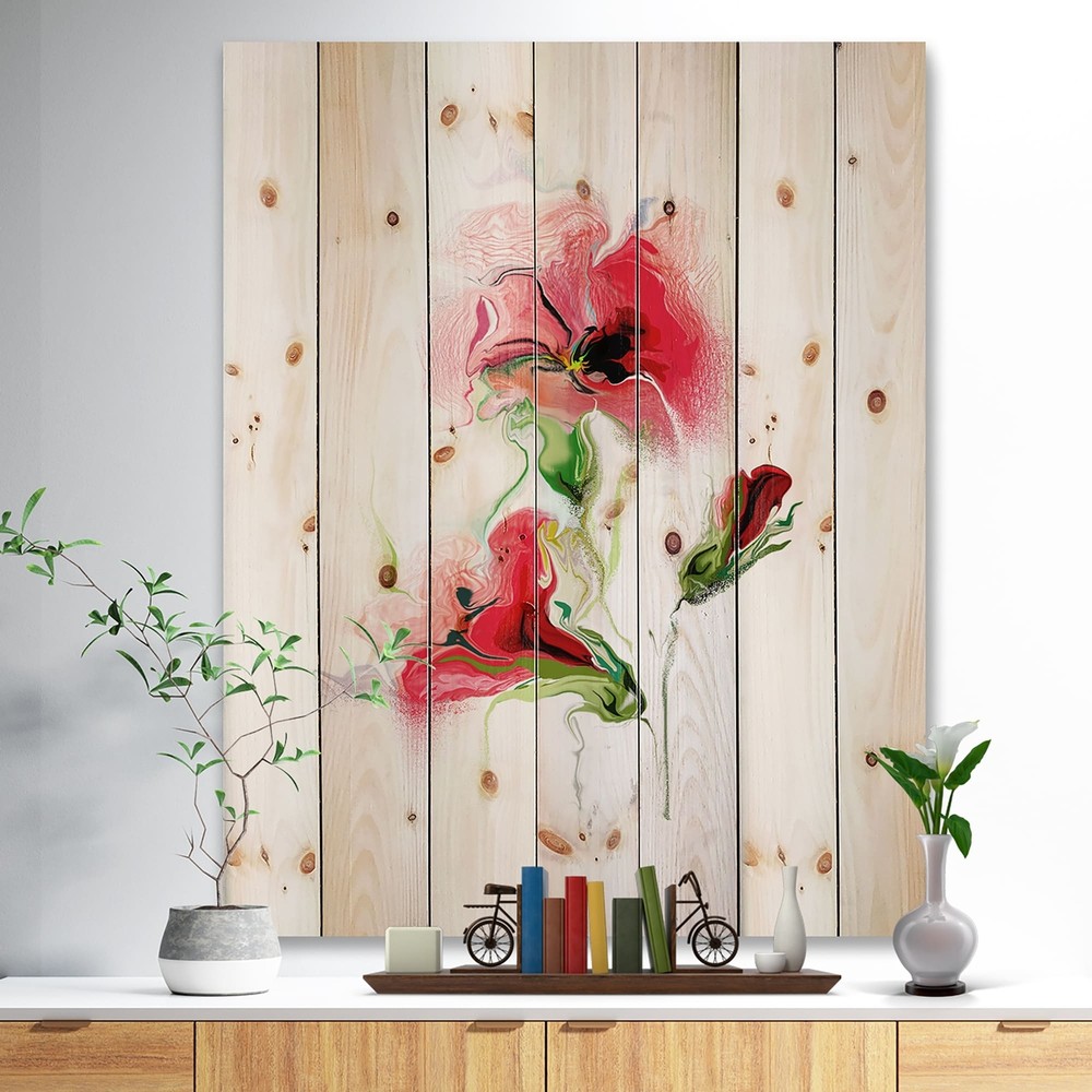 Designart 'Red Floral Watercolor' Nautical & Coastal Wood