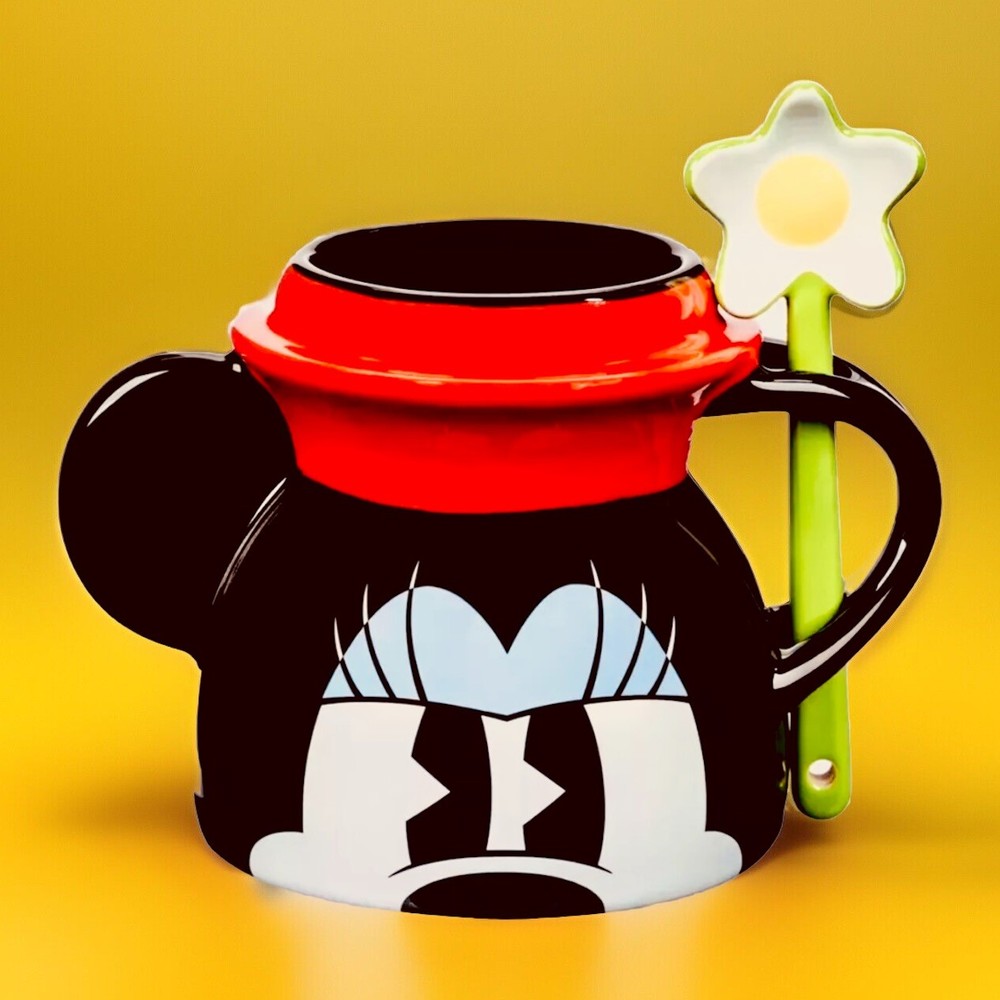 Disney Parks Minnie Mouse Figural 17oz Coffee Mug w/Flower Spoon Stoneware New
