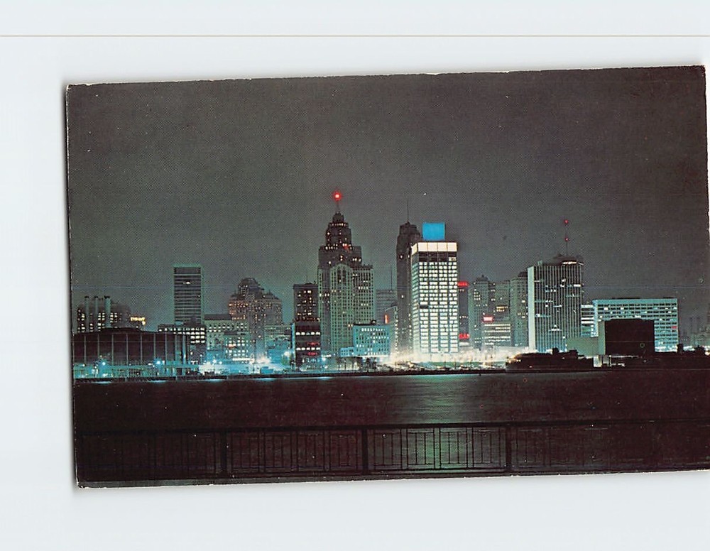 Postcard Night Skyline Detroit Michigan USA