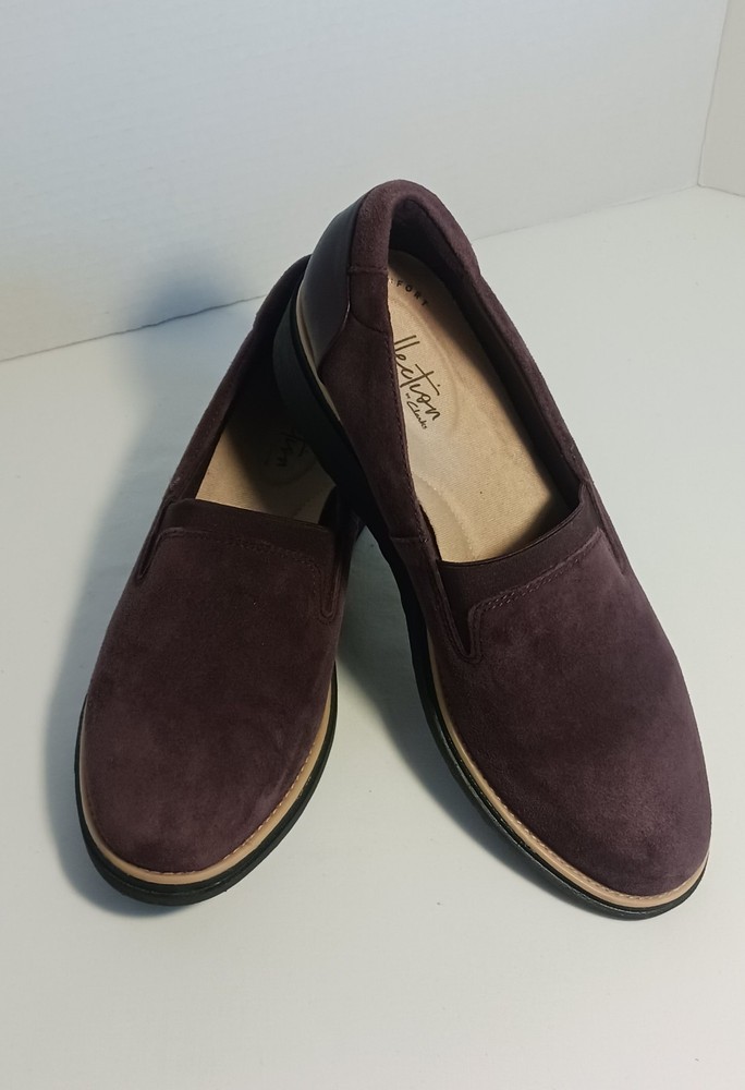 Clarks Womens Sharon Dolly Loafer Size 6.5 Plum Suede Slip On Shoe Low Wedge