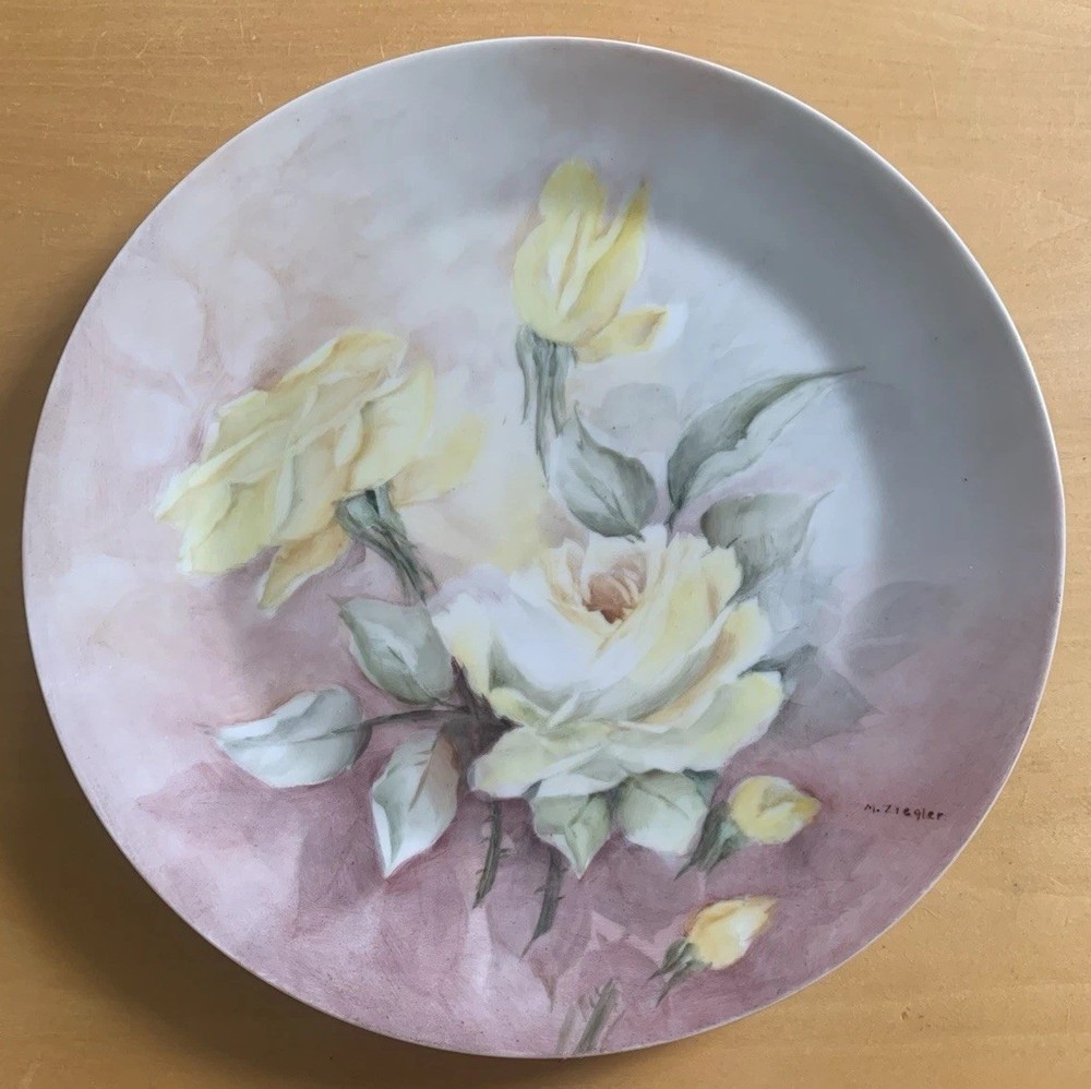 Vintage Schonwald Germany Porcelain Plate Pink With Yellow Roses Artist Signed
