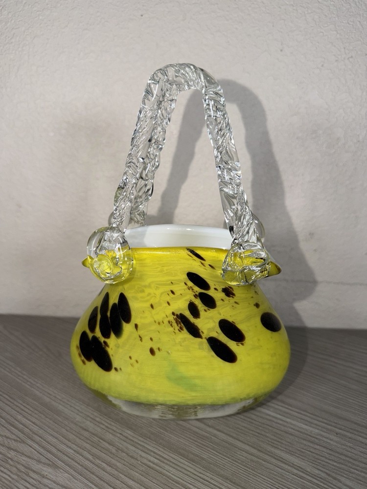 Vintage Hand Blown Art Yellow & Brown Murano Style Glass Purse