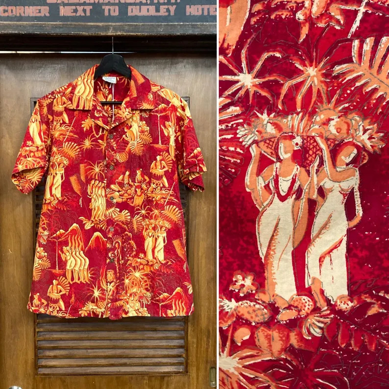 Vintage Hawaii Shirt Luau Tiki Cotton Aloha Beach Vacation Mens