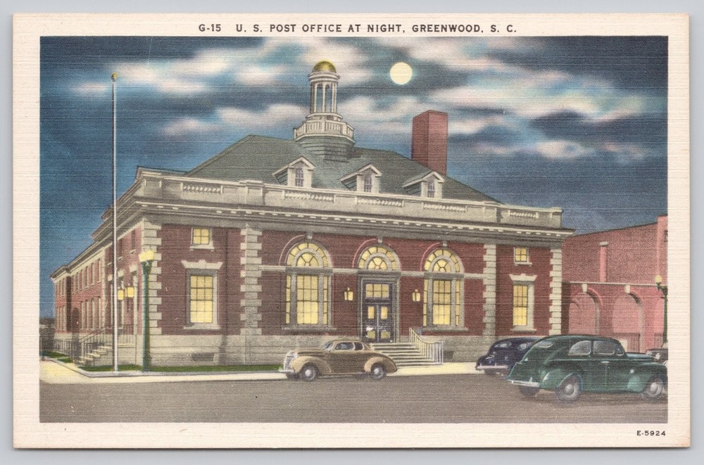 Vintage Linen Postcard U.S. Post Office at Night Greenwood SC