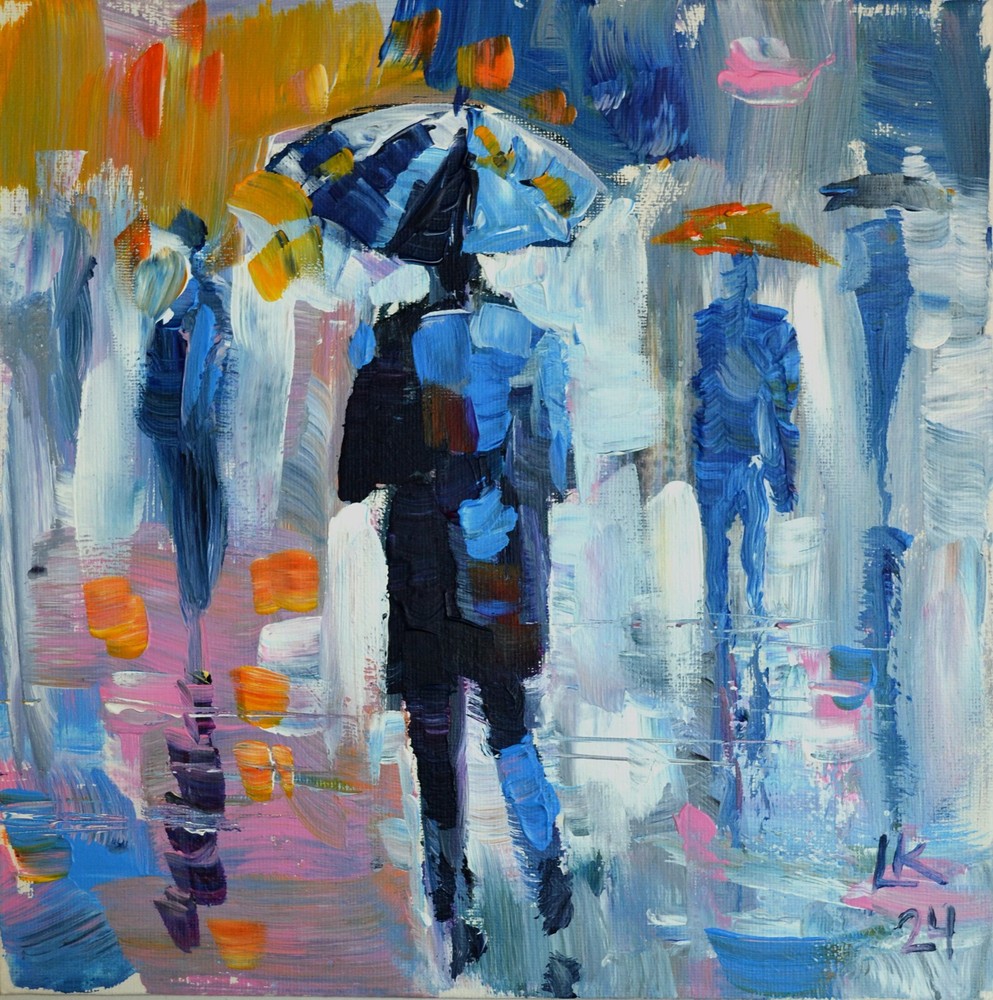 Rainy Cityscape Painting with Umbrellas and Reflections in Impressionist Style