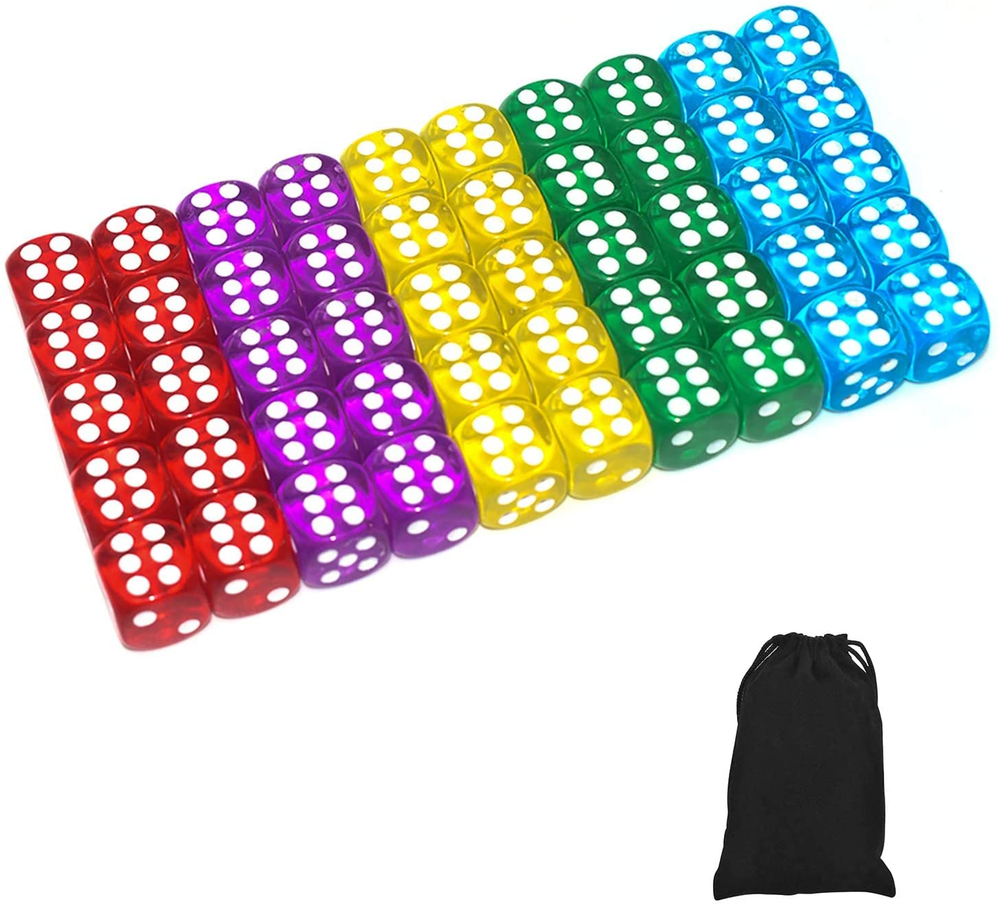 50 of Pack 14MM 6 Sided Dice Set Translucent Colors Dice, with Black Pouch for B