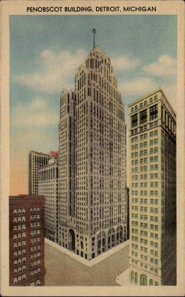 Penobscot Building Griswold Street Detroit Michigan ~ 1940s linen postcard