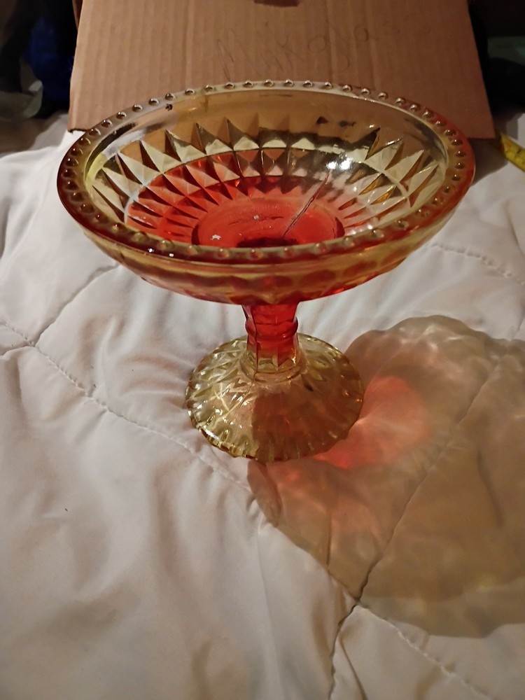 Vintage Amberina Glass Pedestal Footed Compote Candy Dish Orange Red