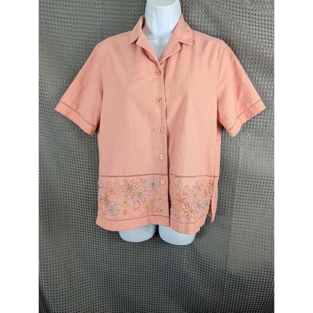 Alfred Dunner Womens Size 8 Peach Coral Floral Embroidered Button Down Shirt