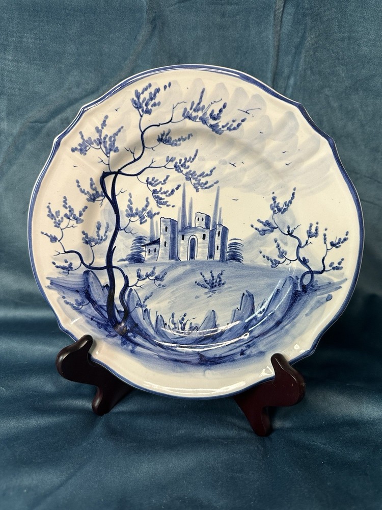 Hand Painted Italian Plate – Blue & White Landscape – 8.25