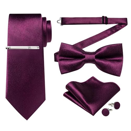 Men's Dark Purple Satin Bow Tie Set with Pocket Square