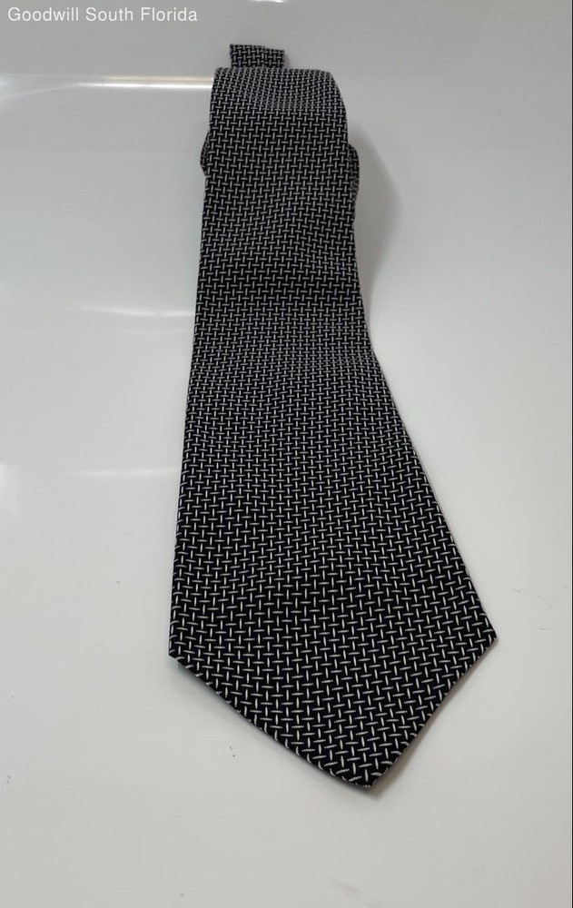 Polo By Ralph Lauren Mens Black White Printed Bar Track Adjustable Pointed Tie
