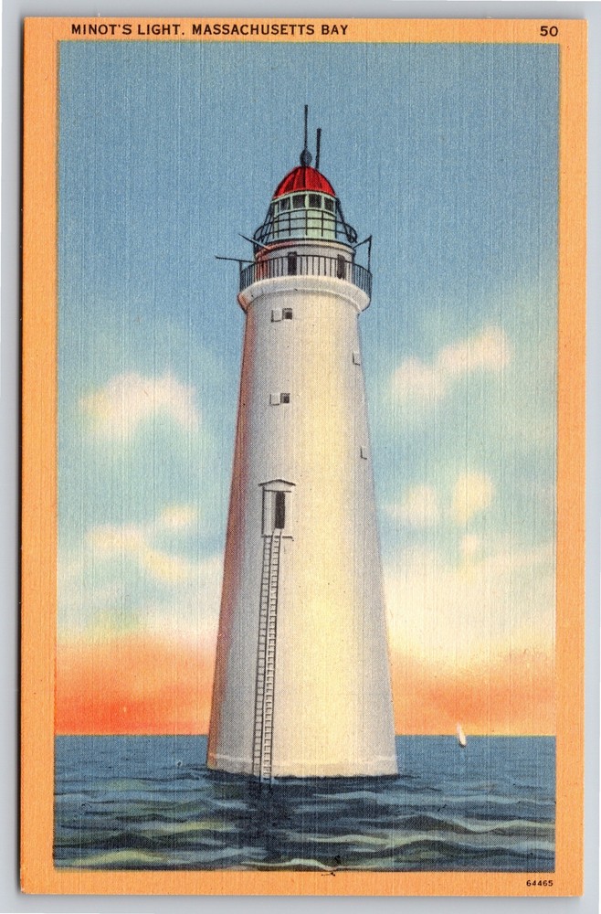 Massachusetts Bay~Minot's Light~Vintage Linen Postcard