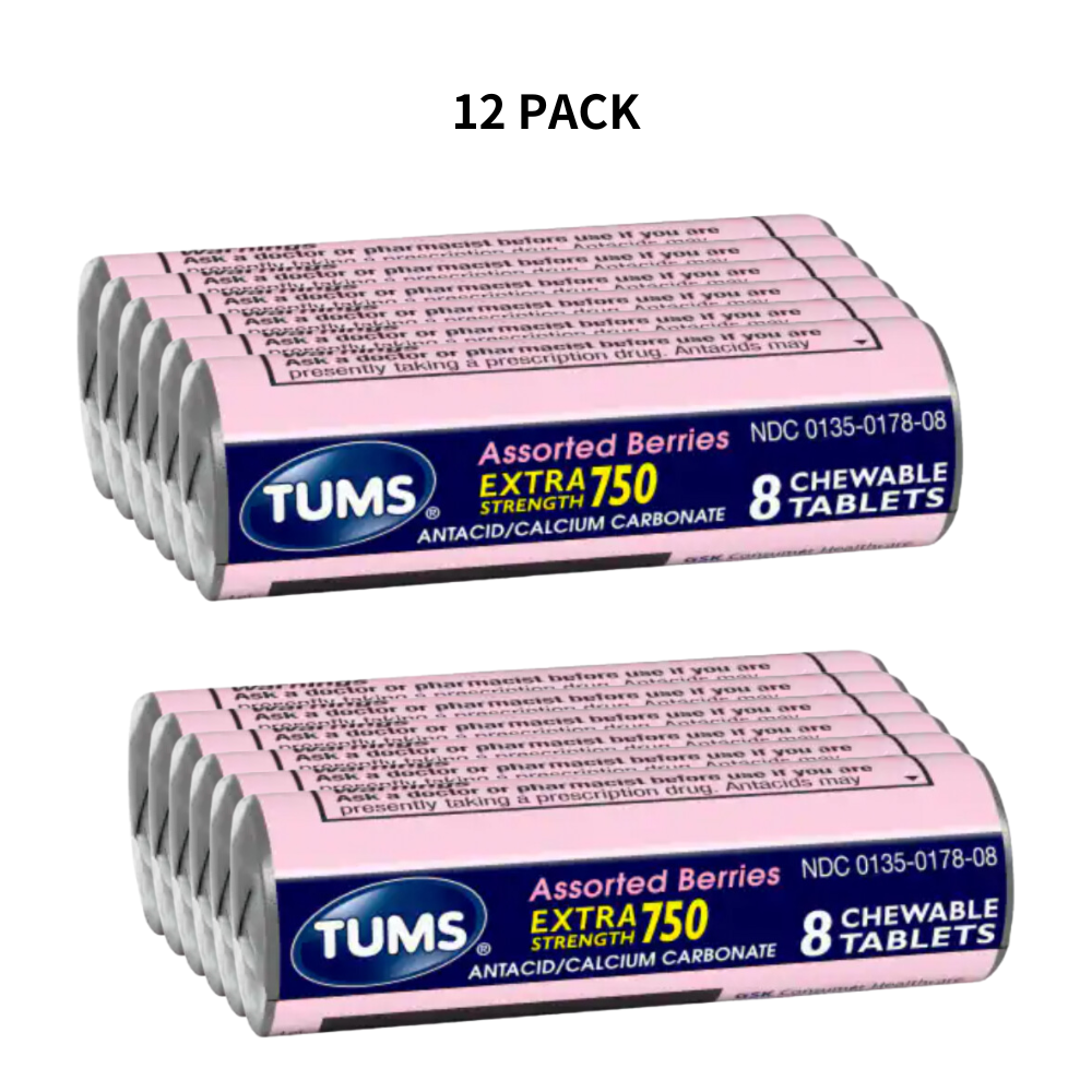 12 PACK Tums Extra Strength 750 Antacid Chewable Tablets Assorted Berries - 8 CT