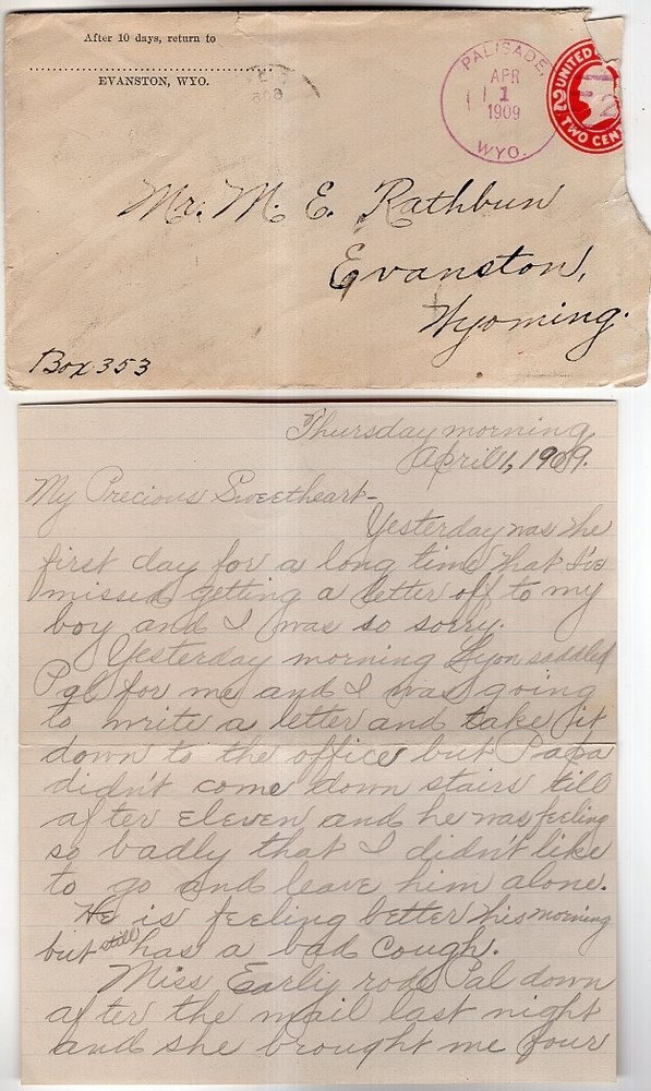 Palisade WY 1909 5 Rarity + Letter to Evanston.