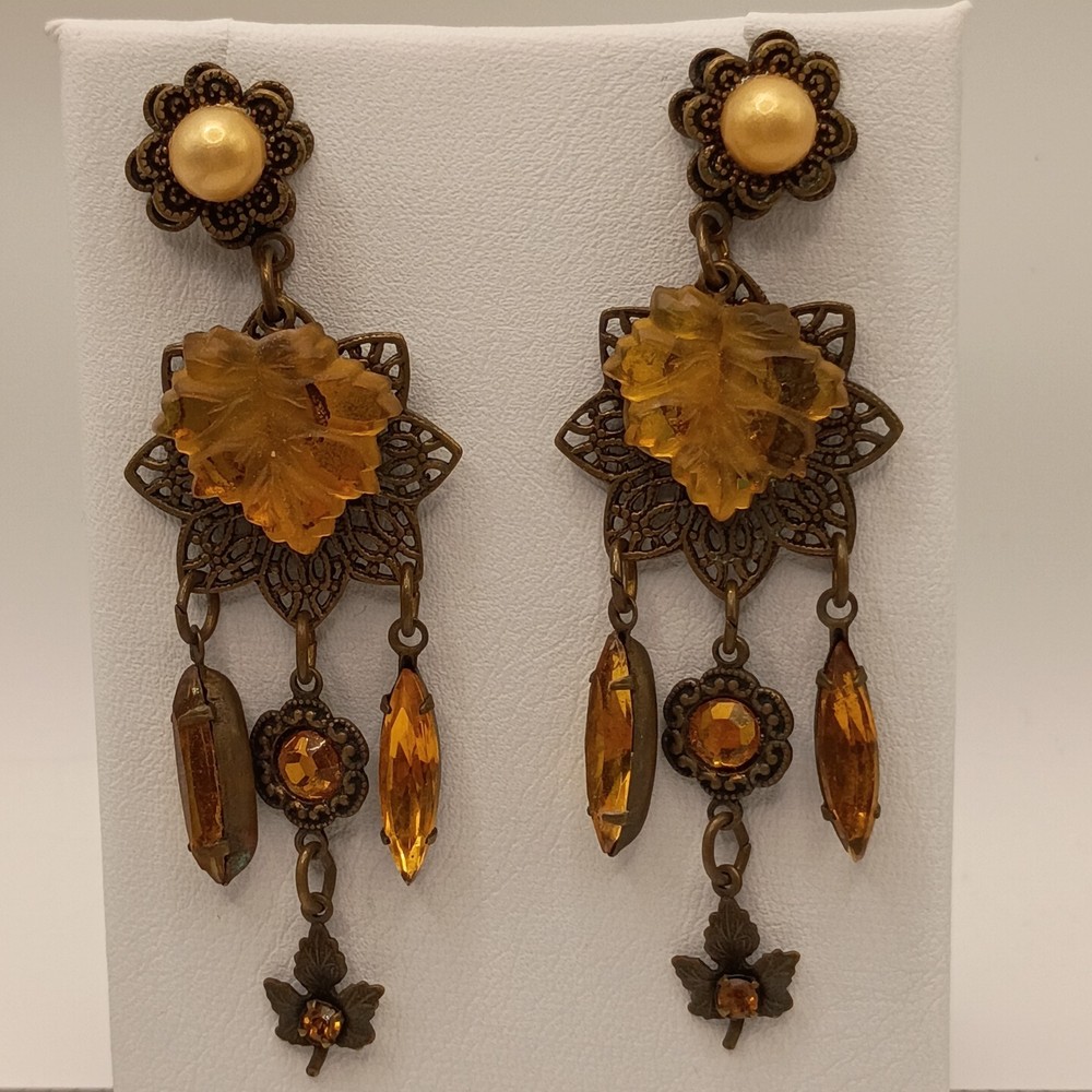 Vintage Victorian Revival Amber Color Rhinestone Leaf Chandelier Earrings READ
