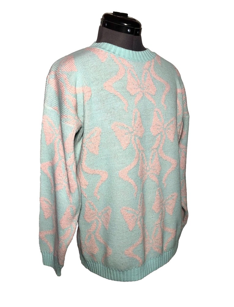 Vintage 80s Pastel Bow Sweater Pink Blue Kawaii Novelty Knit Pullover Y2K Cute M