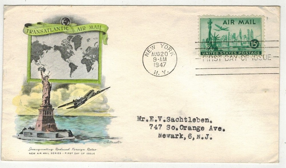 1947 AIRMAIL PAN AMERICAN BUILDING C35 HANDPAINTED  WATERCOLOR STATUE LIBERTY