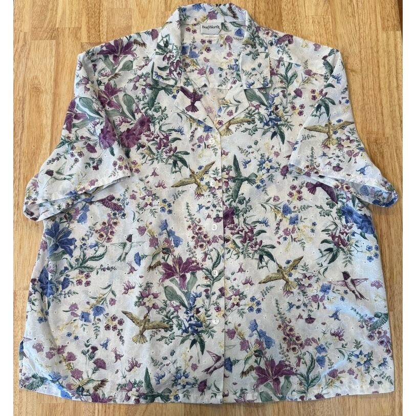 Bonworth Vintage Women's Top XL Petite Blouse Floral Birds White Purple