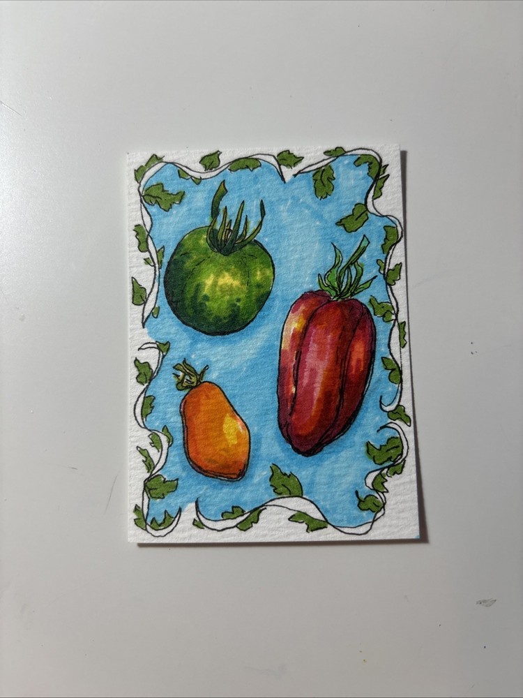 ACEO Original Tomatoes Food Alcohol Marker Drawing On Paper By Janie 2.5x3.5
