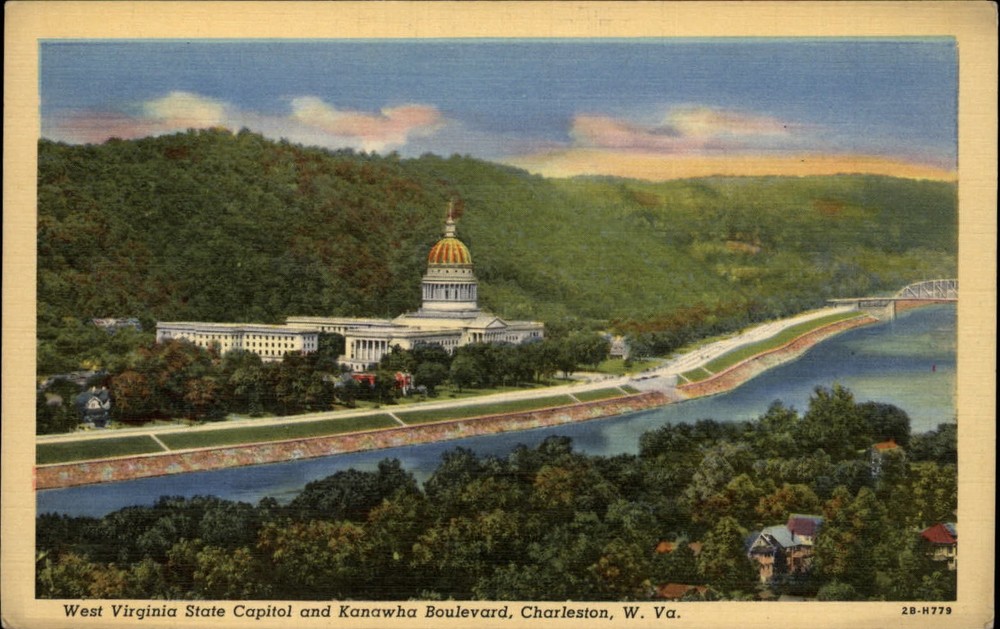 State Capitol Kanawha Blvd Charleston WV aerial view ~ 1940s linen postcard