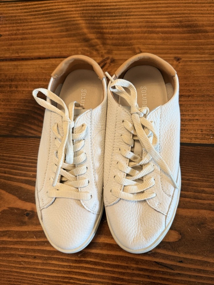 Soludos Women’s White Leather Sneakers, Size 6.5, Tan Accent On Heels