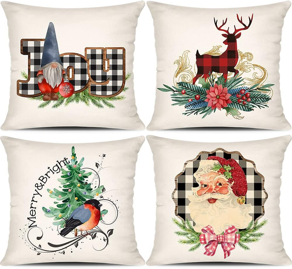 Christmas Decorations Pillow Covers 20X20 Set of 4 Buffalo Plaid Marry Bright Jo