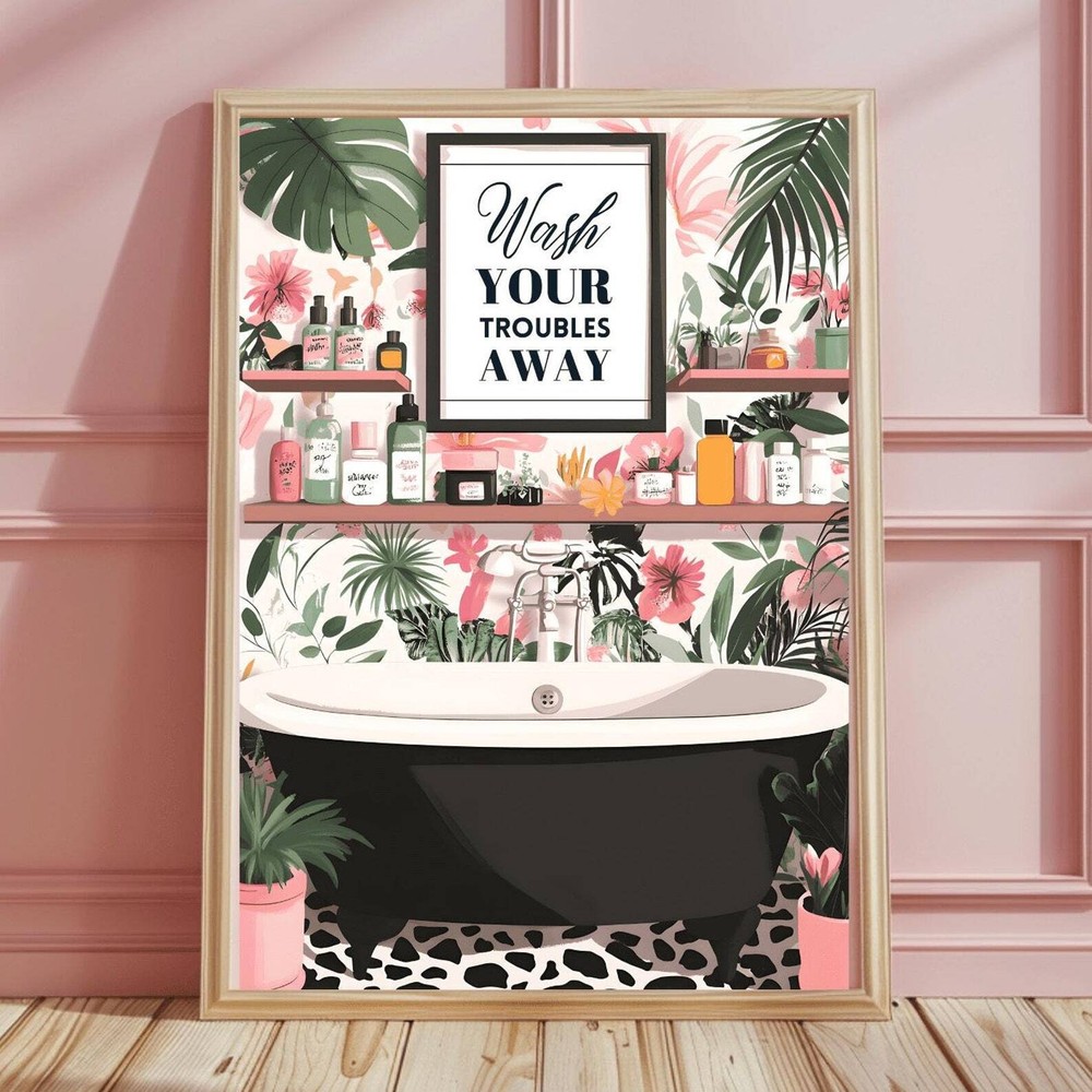 Boho Bathroom Wall Art Bath House Plants Art Bathtub Tile Botanical Pink