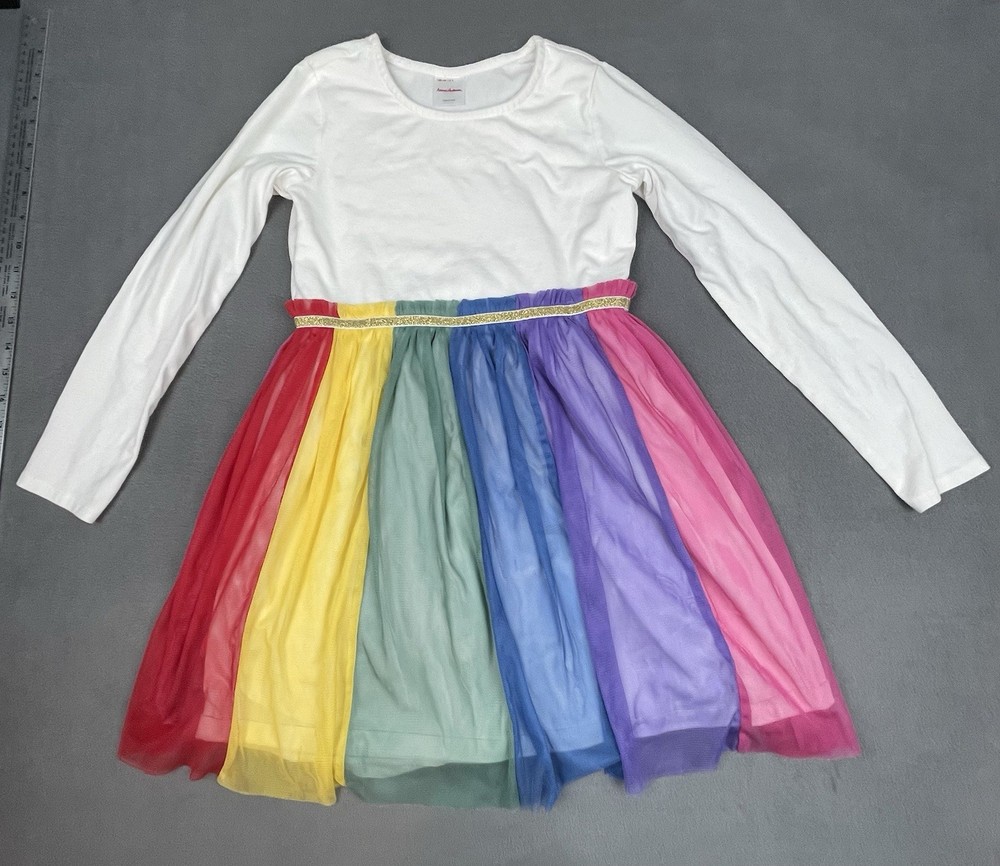 Hanna Anderson Rainbow Dress Girl 8 White Playful Whimsical Poly Tulle Overskirt