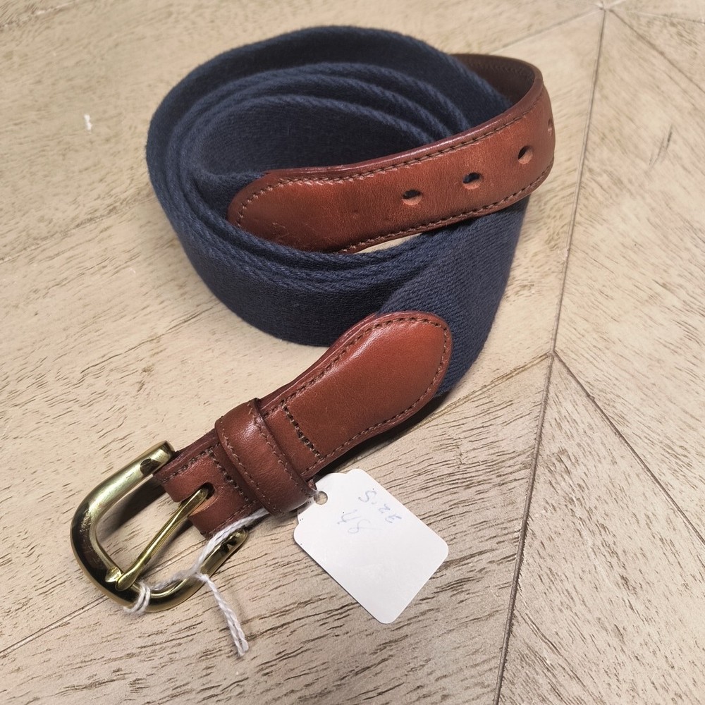 Leather Man Ltd Canvas Leather Belt Sz 48  Nautical Solid Brass Buckle Navy USA