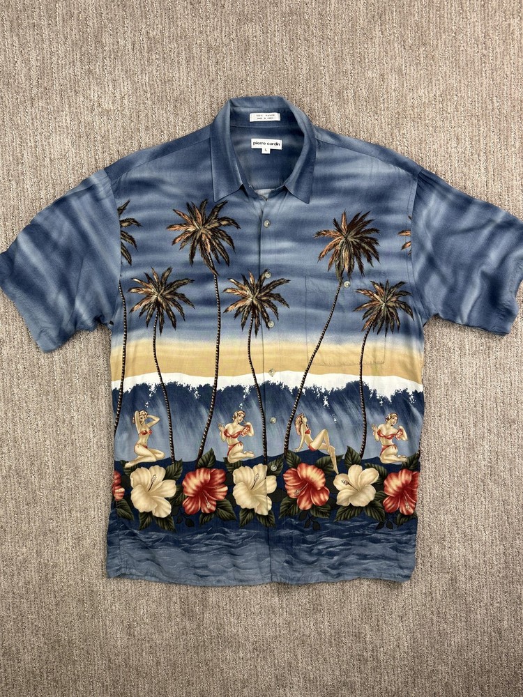 Pierre Cardin Shirt Mens Large Blue Hawaiian Pin Up Palm Trees Rayon Aloha