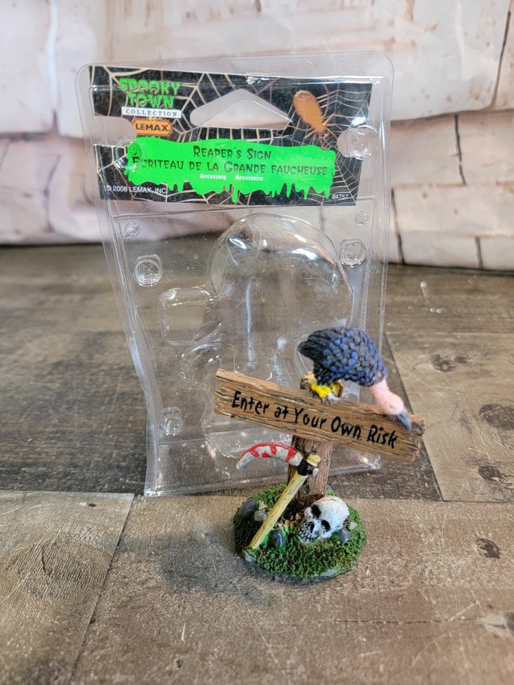 Lemax Spooky Town Reaper Sign with Crow and Skull Halloween Village Decor
