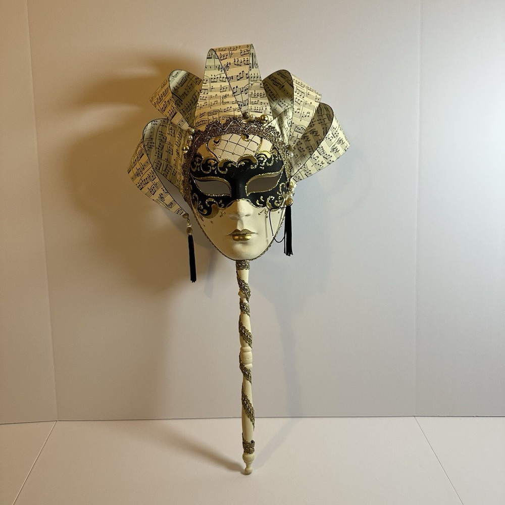 Vintage Hand-Crafted Venetian Harlequin Mask, Music Sheet Accents, Hand-Painted