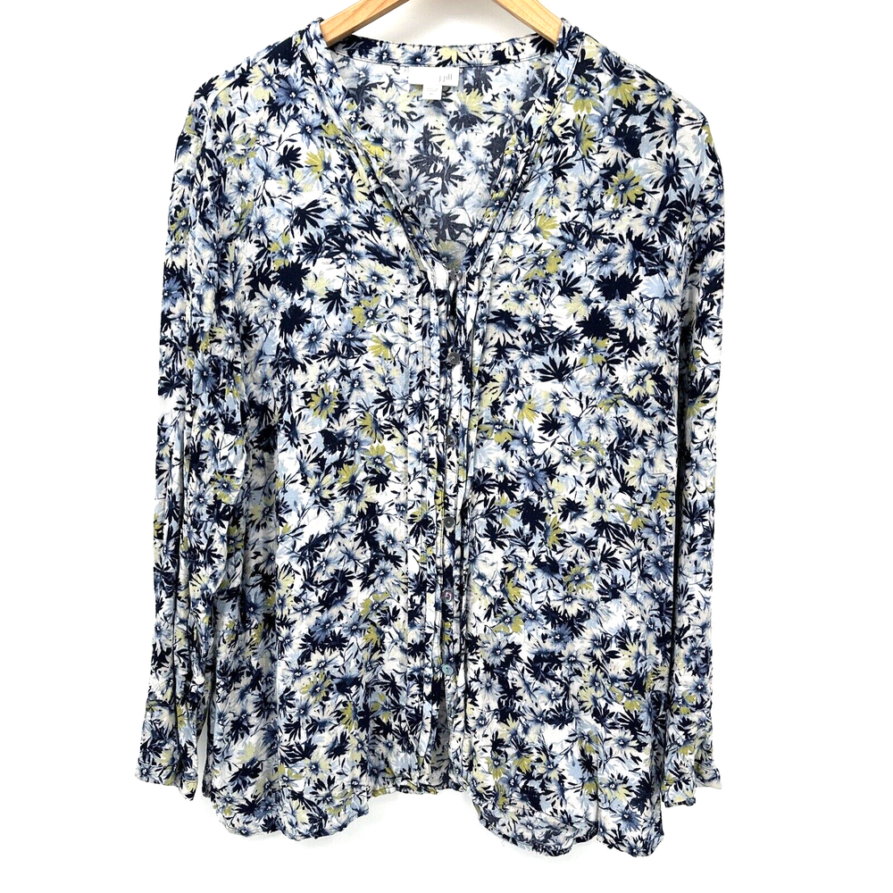 J Jill Blouse Womens XL Floral V-Neck Pleat Details Button Up Long Sleeves Shirt