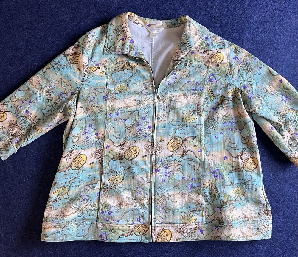 CJ Banks Womens Multi Print 3/4 Sleeve Full Zip Casual Jacket Plus Size 2X