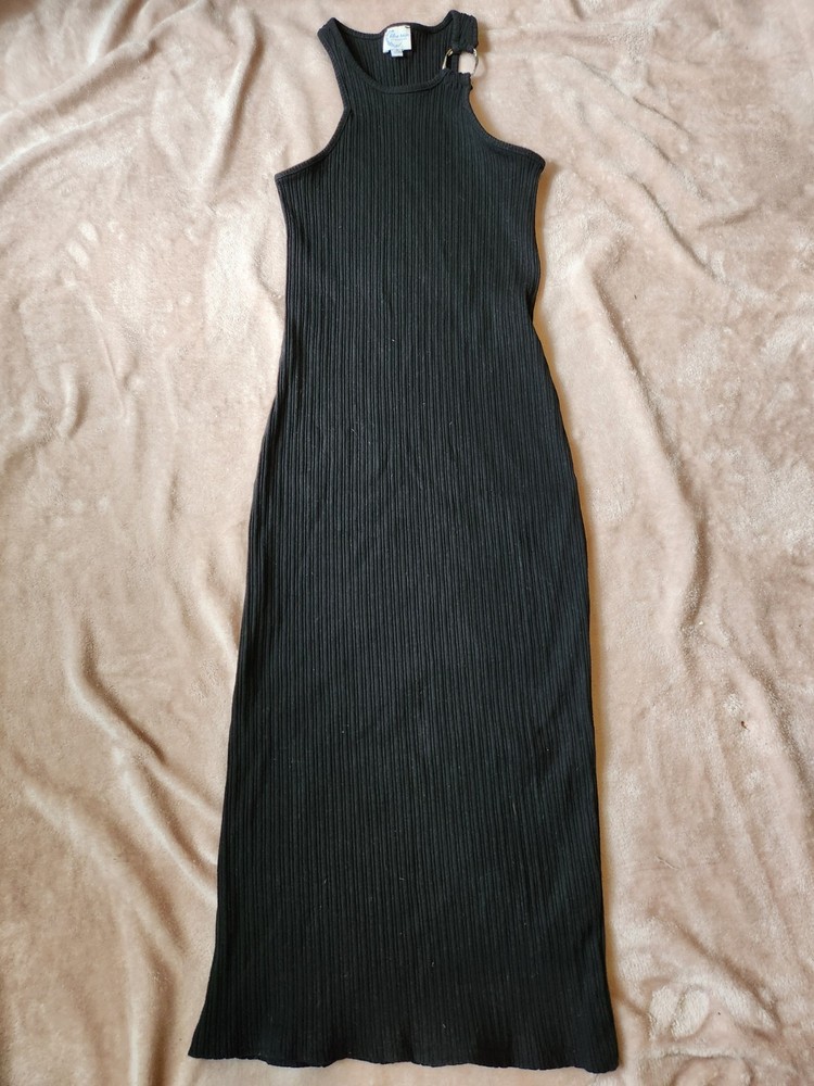 Francesca's Women's Dress Black Midi Size Small Stretch Knit Body Con Sleeveless