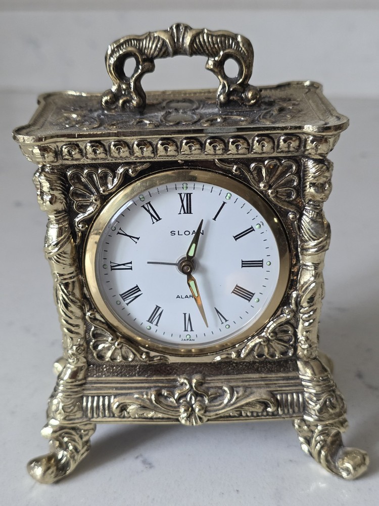 Antique Vintage Ornate Brass Carriage Footed Sloan Wind-Up Clock Read