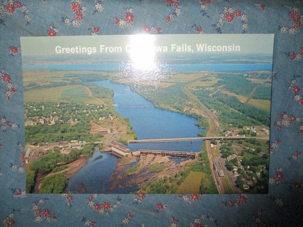 Old Postcard Greetings from Chippewa Falls Wisconsin Aerial View
