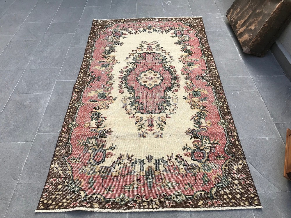 3,6x6,46 ft Accent Turkish Vintage Rug, Red Floral Wool Rug