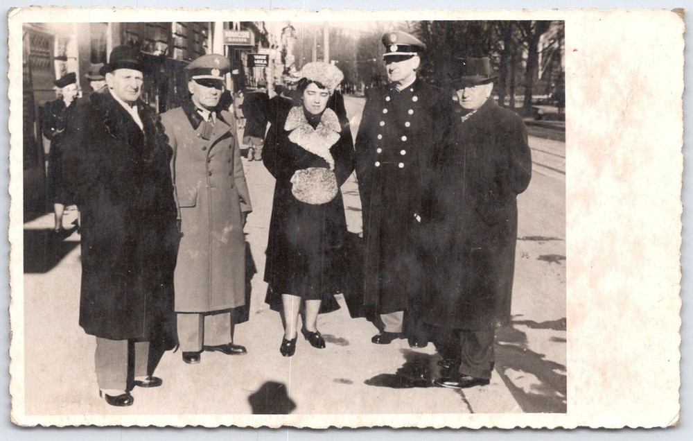 Vintage Black & White Street Scene with Uniformed Military Figures RPPC Postcard