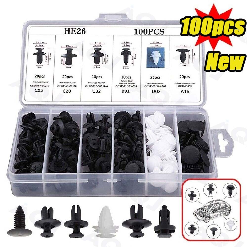 100Pcs Retainer Clips Kit for Auto Body Bumper Trim Molding Push Pin Rivets