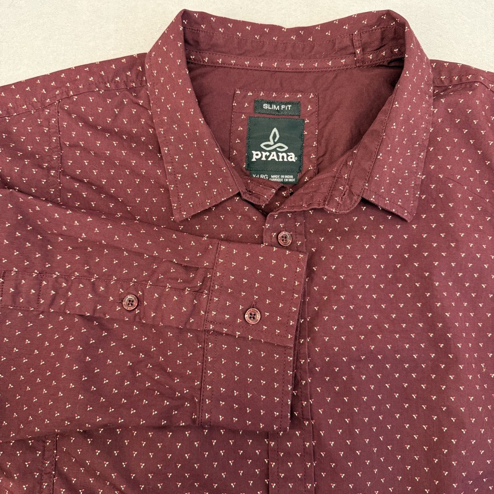Prana Lukas Shirt Mens XL Slim Fit Maroon Long Sleeve AOP Cotton Button Up