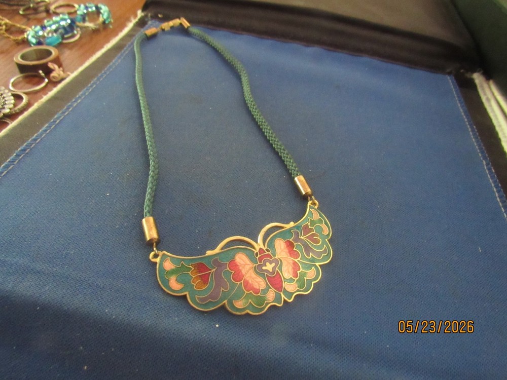 Vintage Enamel Butterfly Pendant Corded Choker Necklace